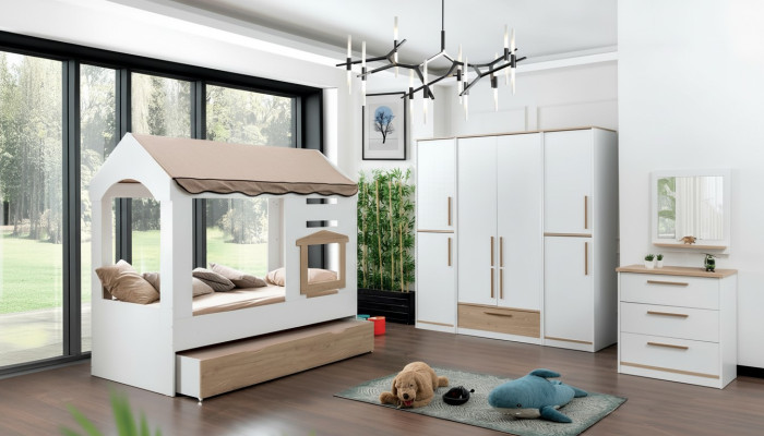 Children's room bed house canopy bed bedroom set suite mirror 4-piece.