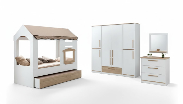 Children's room bed house canopy bed bedroom set suite mirror 4-piece.