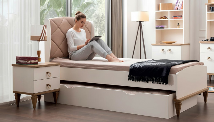 Children's Room Set Beige Children's Bed Nightstand Youth Room Design Modern New 2-piece