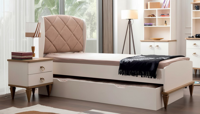 Children's Room Set Beige Children's Bed Nightstand Youth Room Design Modern New 2-piece