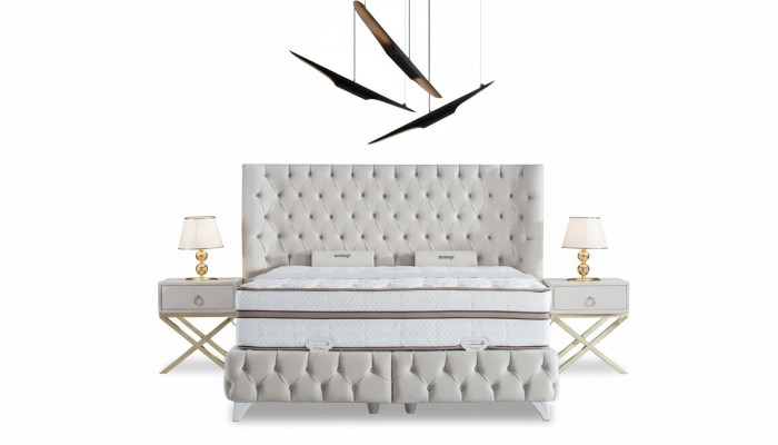 Bedroom Set White Box Spring Bed Chesterfield Elegant 2x Bedside Tables 3-piece.