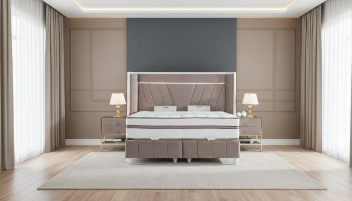 Luxury Bedroom Set Beige Bed 2x Nightstands Beds Furniture LED 3-piece