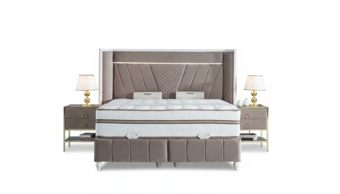 Luxury Bedroom Set Beige Bed 2x Nightstands Beds Furniture LED 3-piece