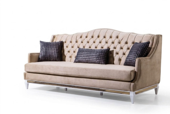 Beige Chesterfield three-seater luxury textile sofa designer fabric couches
