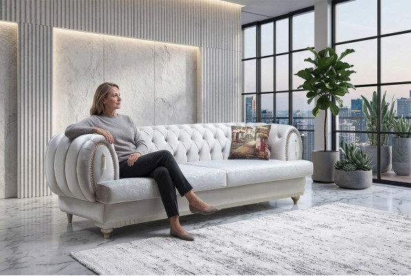 White Chesterfield Three-Seater Modern Sofa Stylish Living Room Couch
