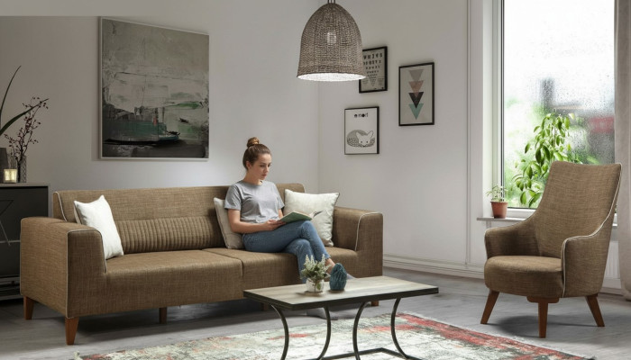3+1 Seat Upholstered Sofa Set Upholstered Furniture Brown Fabric
