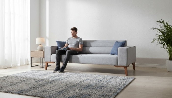 Upholstered Seat Couch 3-Seater Gray Sofa Sofas Textile Fabric Three-Seater Fabric