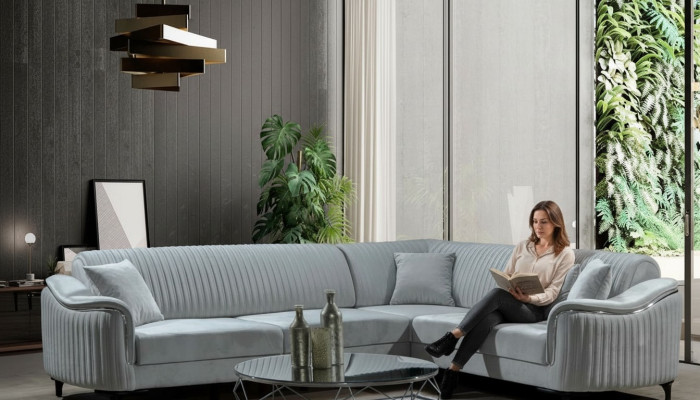 Fabric sectional L-shaped sofa upholstery textile corner unit velvet gray 310x240