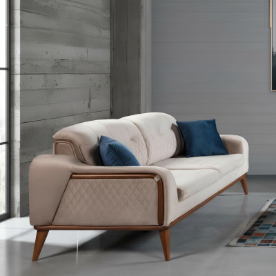 Beige couch living room three-seater seat cushion sofa furniture velvet wood