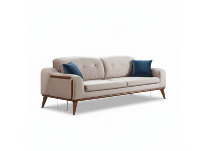 Beige couch living room three-seater seat cushion sofa furniture velvet wood