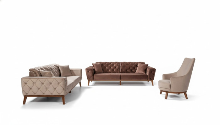 Sofa set Sofa 3+3+1 Seat Brown Armchair Fabric Chesterfield Velvet