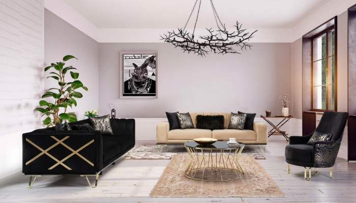 Black Sofa Set 3+3+1 Seater Armchair Elegant Metal Velvet