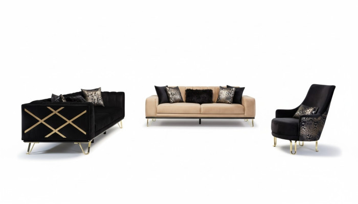 Black Sofa Set 3+3+1 Seater Armchair Elegant Metal Velvet