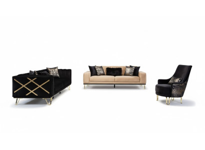 Black Sofa Set 3+3+1 Seater Armchair Elegant Metal Velvet