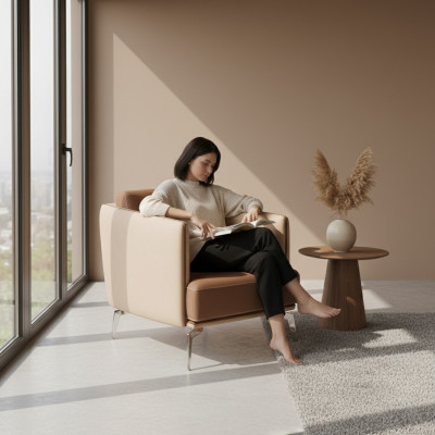 Modern armchair, single seater, brown upholstered chair, 1 seater, fabric upholstery.