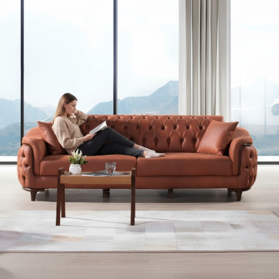 Orange Chesterfield Couch Three-Seater Sofa Furniture Velvet Wood Seat Cushion