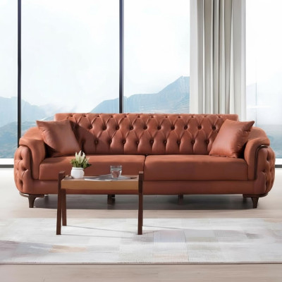 Orange Chesterfield Couch Three-Seater Sofa Furniture Velvet Wood Seat Cushion