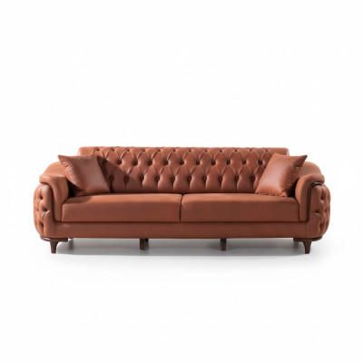 Orange Chesterfield Couch Three-Seater Sofa Furniture Velvet Wood Seat Cushion
