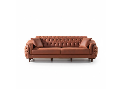 Orange Chesterfield Couch Three-Seater Sofa Furniture Velvet Wood Seat Cushion