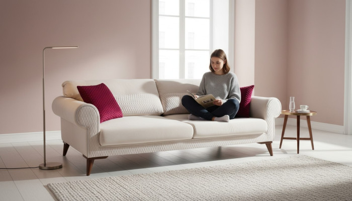 Three-seater sofa 3-seater fabric beige couch sofa large cushions wood designer new
