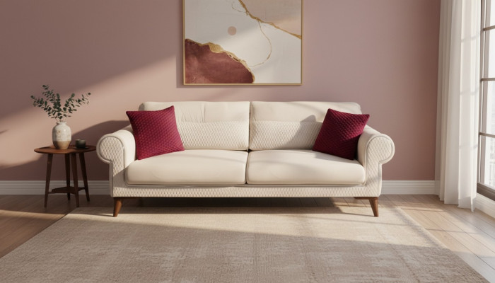 Three-seater sofa 3-seater fabric beige couch sofa large cushions wood designer new
