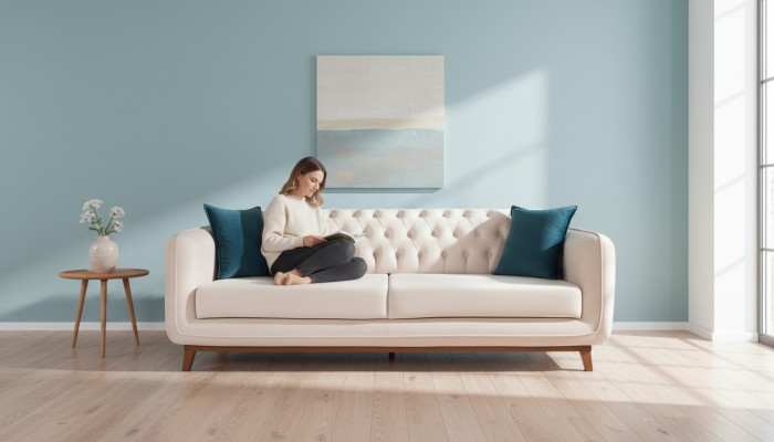 Three-seater sofa upholstered couch fabric furniture beige white velvet