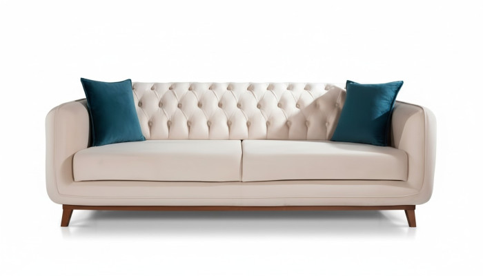 Three-seater sofa upholstered couch fabric furniture beige white velvet