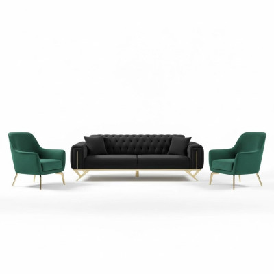Black Chesterfield Couch Three-Seater Seat Cushion Sofa Velvet Wood