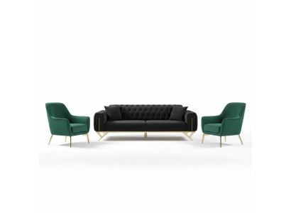Black Chesterfield Couch Three-Seater Seat Cushion Sofa Velvet Wood