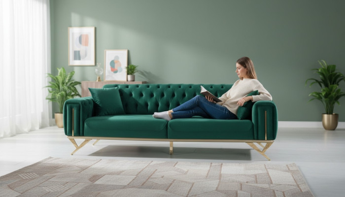 Green Chesterfield Couch Three-Seater Cushion Sofa Furniture Velvet Wood