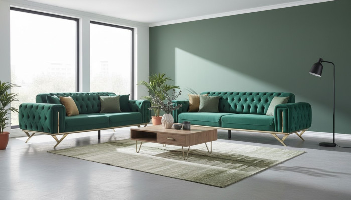 Green Chesterfield Couch Three-Seater Cushion Sofa Furniture Velvet Wood