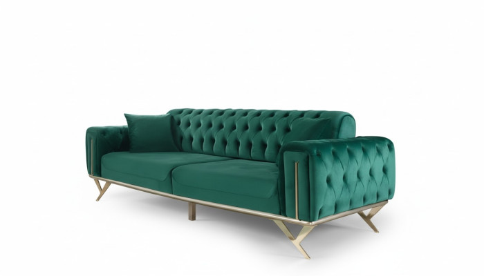 Green Chesterfield Couch Three-Seater Cushion Sofa Furniture Velvet Wood