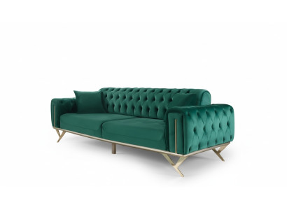 Green Chesterfield Couch Three-Seater Cushion Sofa Furniture Velvet Wood