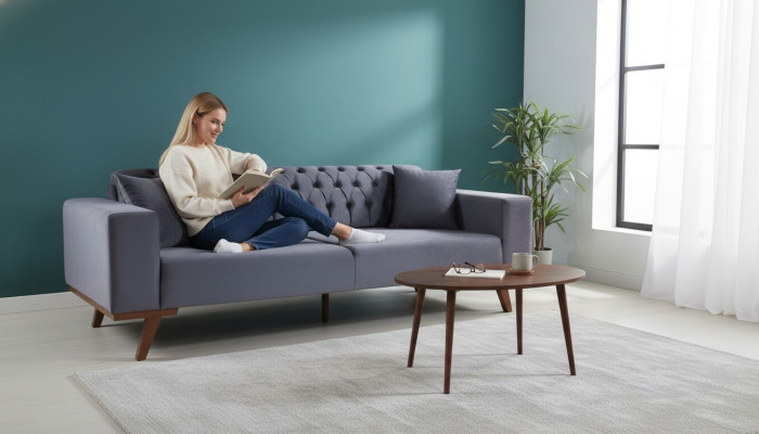 Design sofa three-seater modern couch gray furniture upholstery wood.