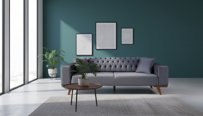 Design sofa three-seater modern couch gray furniture upholstery wood.