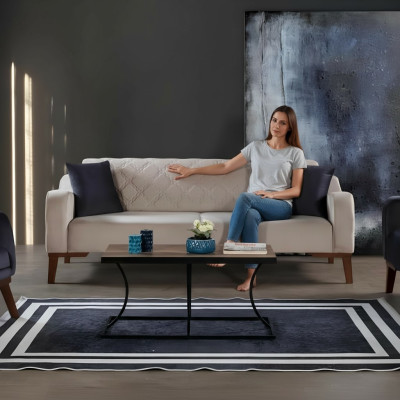 Beige three-seater couch elegant sofa living room seating velvet