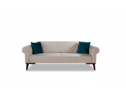 Beige three-seater couch elegant sofa seating living room velvet