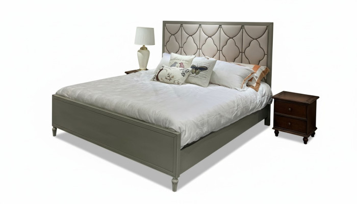 Premium double bed in classic design with beige leather upholstery