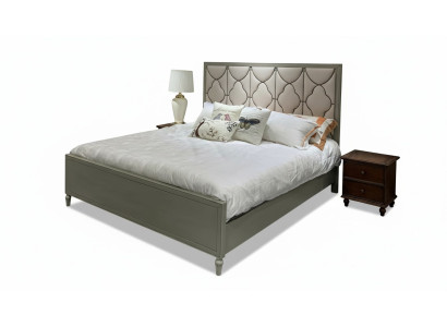 Premium double bed in classic design with beige leather upholstery