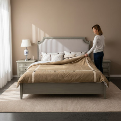 Premium double bed in classic design in gray with white leather upholstery