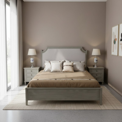 Premium double bed in classic design in gray with white leather upholstery