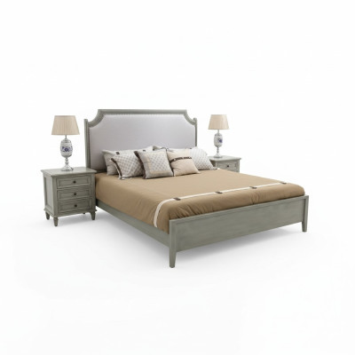Premium double bed in classic design in gray with white leather upholstery