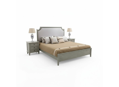 Premium double bed in classic design in gray with white leather upholstery