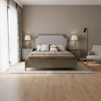 Premium bedroom set: bed and nightstands made of natural wood in gray