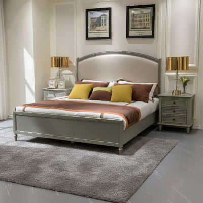 Premium double bed in classic design in gray with beige leather upholstery