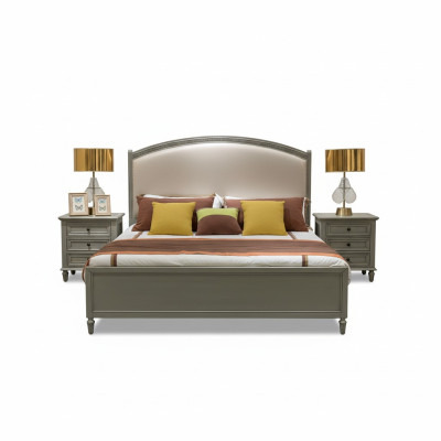 Premium double bed in classic design in gray with beige leather upholstery