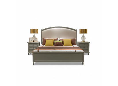 Premium double bed in classic design in gray with beige leather upholstery