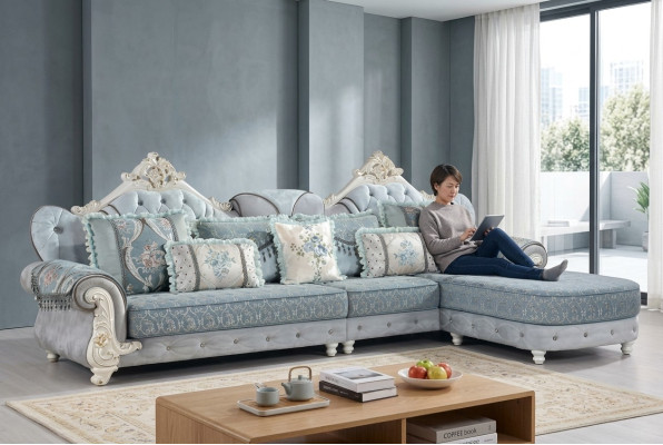 Corner sofa L-shape textile luxury sofa living area blue couches furniture