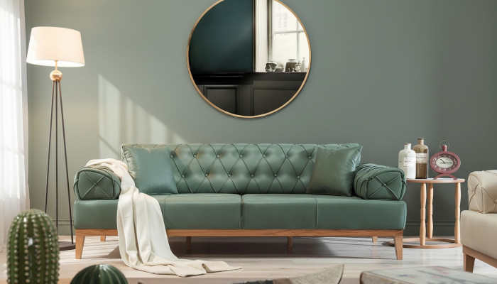 Chesterfield Sofa 3-Seater Couch Three-Seater Green New Fabric Wood 220cm