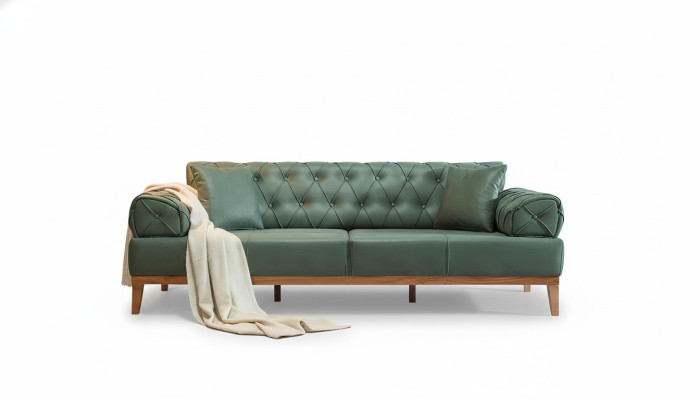 Chesterfield Sofa 3-Seater Couch Three-Seater Green New Fabric Wood 220cm